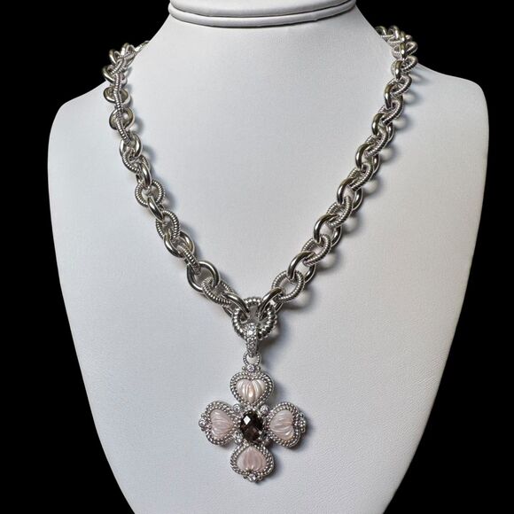 Judith Ripka 925 Silver Pink MOP Heart + CZ Maltese Cross Pendant Chain Necklace - Picture 7 of 17